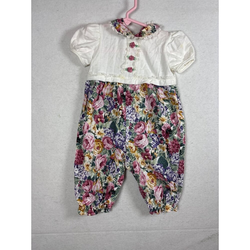 Infant‎ Floral Romper With Lace Collar & Rose Button Details